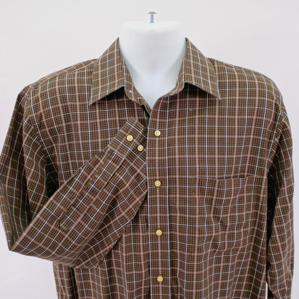 Jos A Bank Traveler's Brown Plaid Pocket‎ Collared Dress Shirt Medium Cotton